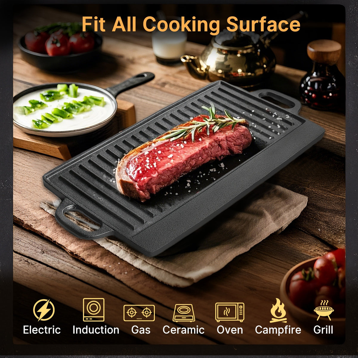 Heavy Duty Reversible Cast Iron Griddle Grill Pan - Double-Sided