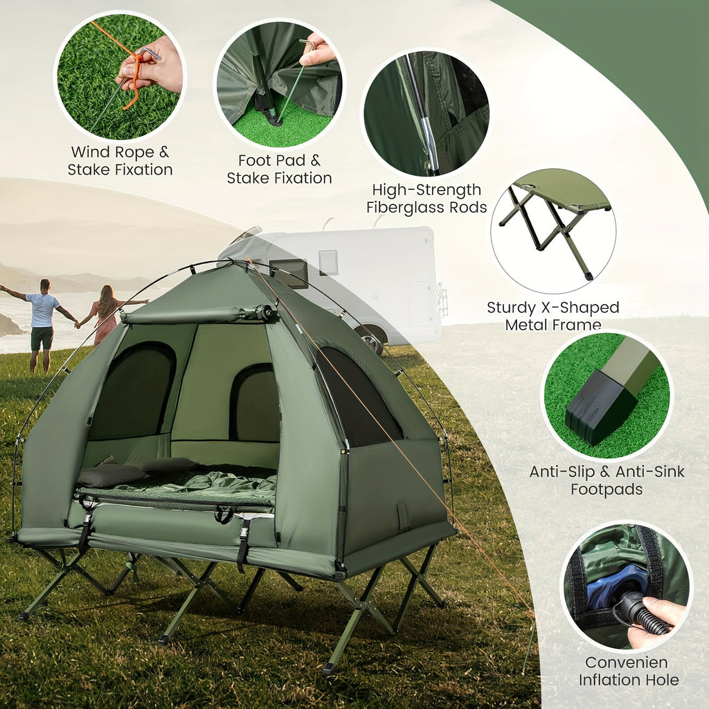 2-Person Compact Portable Pop-Up Tent/Camping Cot W/ Air Mattress & Sleeping Bag