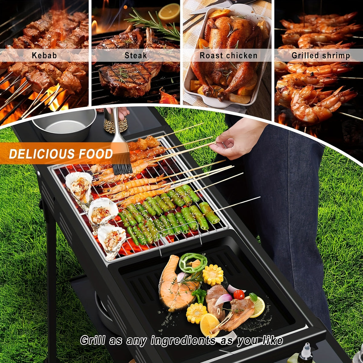 Portable BBQ Grill Master - Foldable Kebab Grill with Storage Rack, Carry Bag