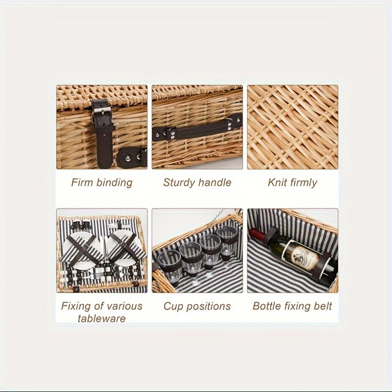 1 Set Picnic Basket With Cutlery For 4 Person, Large Willow Basket Set With Bottle Holder