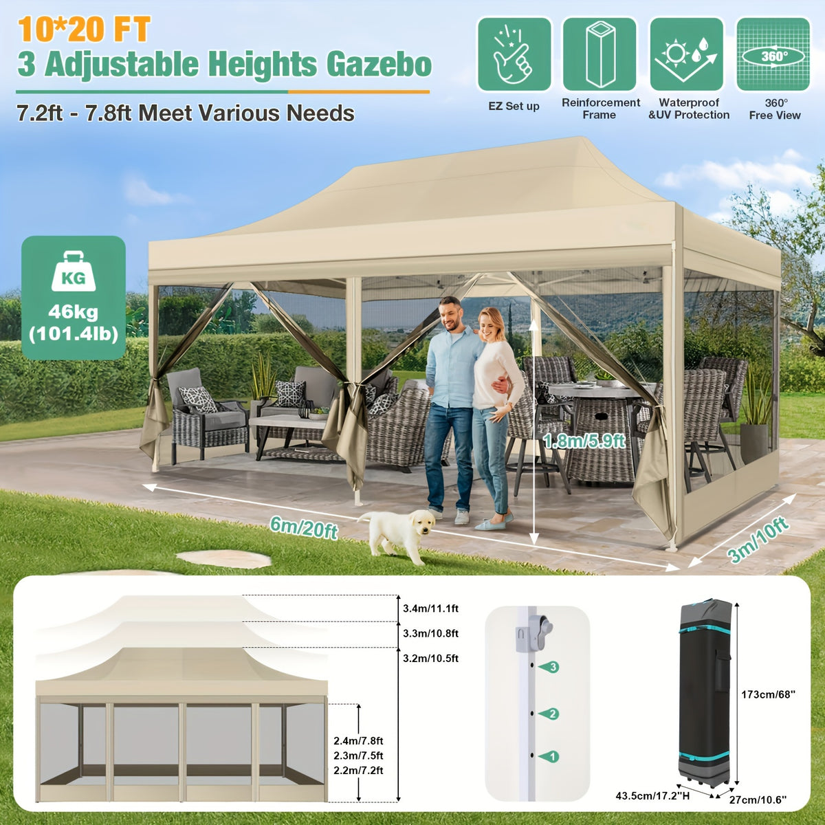 10x20ft Outdoor Canopy Tent with Sidewalls, Waterproof Canopy, Carry Bag with Wheels