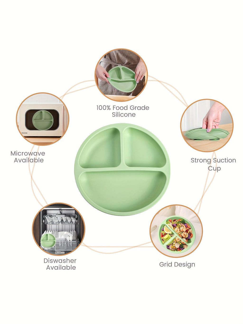 3pcs Baby Feeding Set Made of 100% Silicone, Featuring a Divided Suction Plate