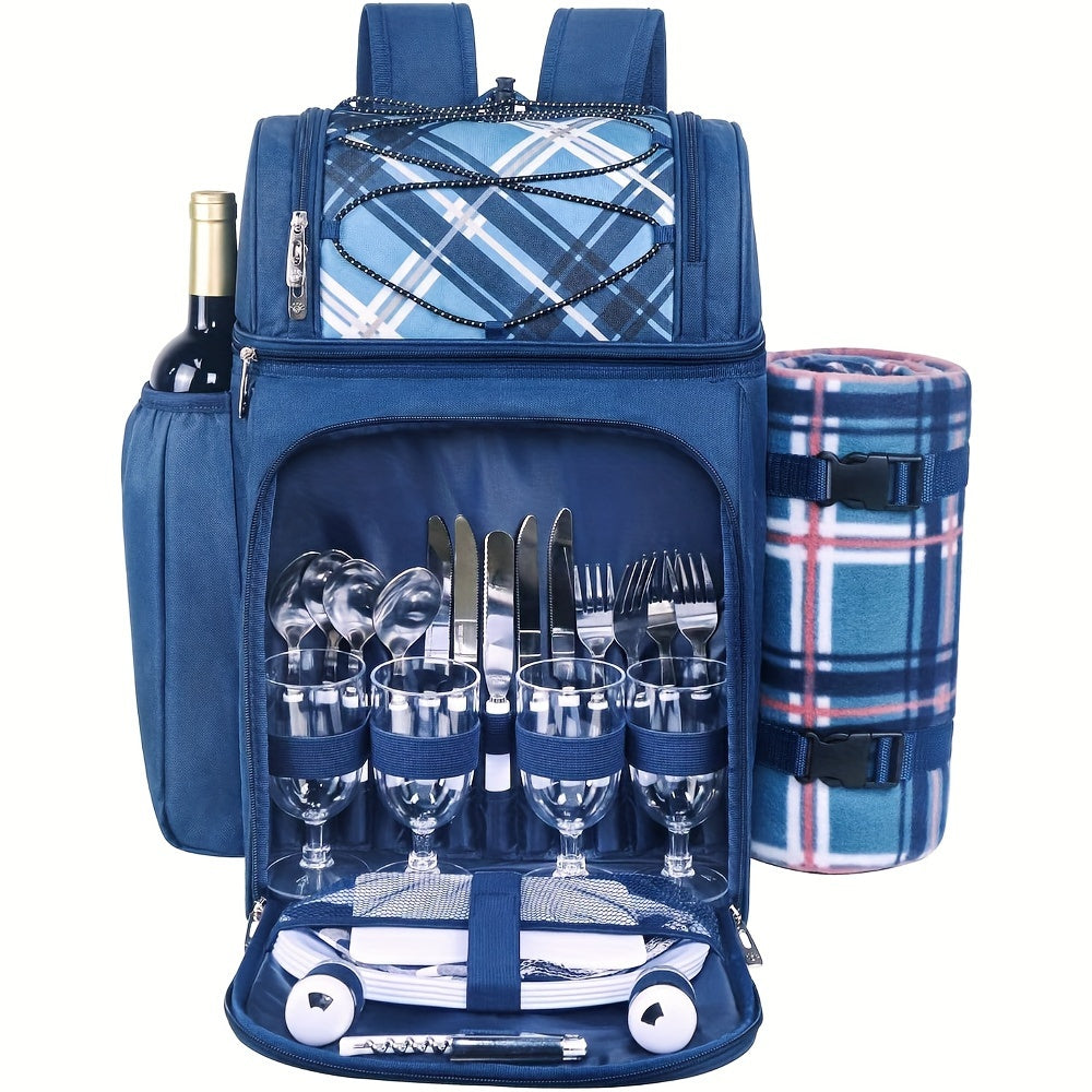 4-Person Insulated Picnic Basket Backpack with Leak-Proof Cooler Compartment