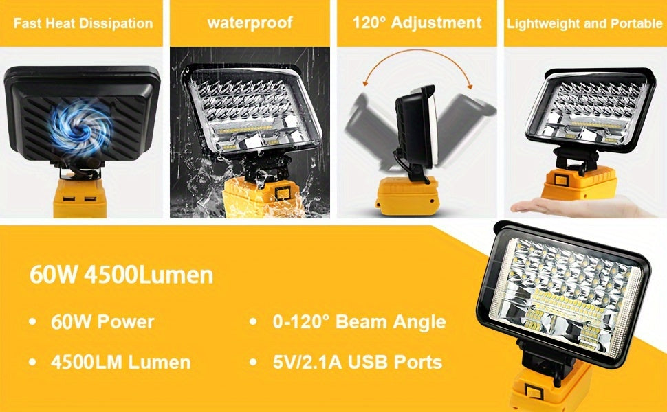 LED Work Light For DeWALT 20V MAX Battery, 90W 5400LM/60W 4500LM/48W 3800LM