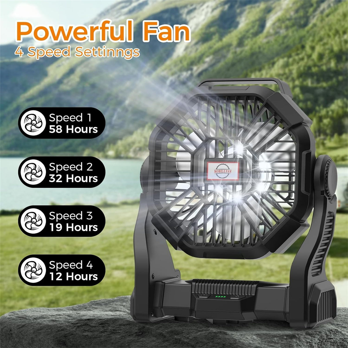 58H Long-Lasting Rechargeable Camping Fan with LED Lantern