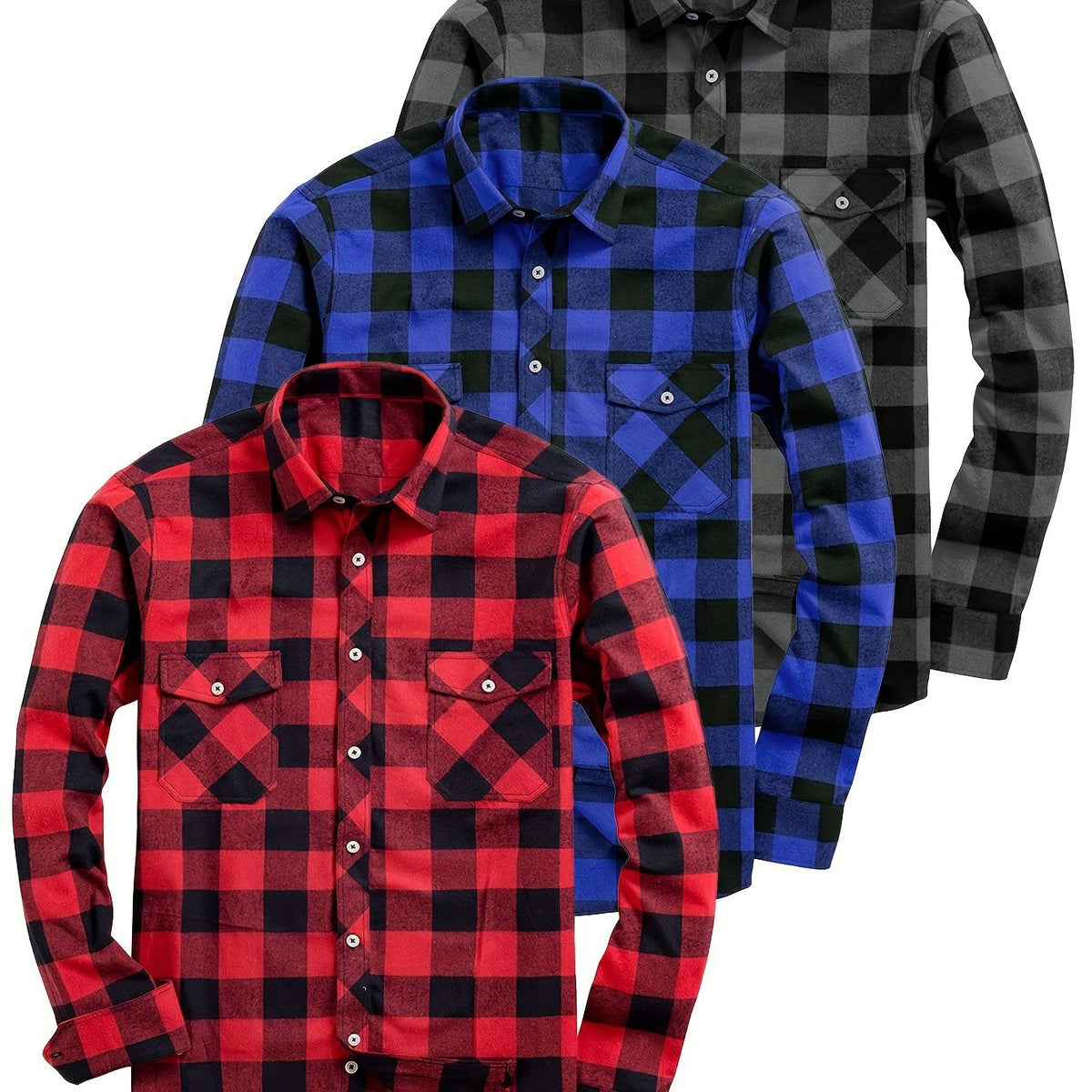 3pcs Stylish Plaid Pattern Long Sleeve Button Down Shirts