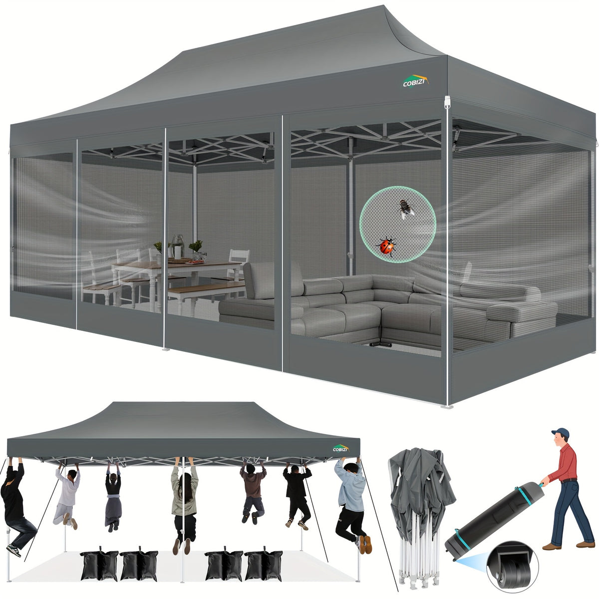 10x20ft Outdoor Canopy Tent with Sidewalls, Waterproof Canopy, Carry Bag with Wheels