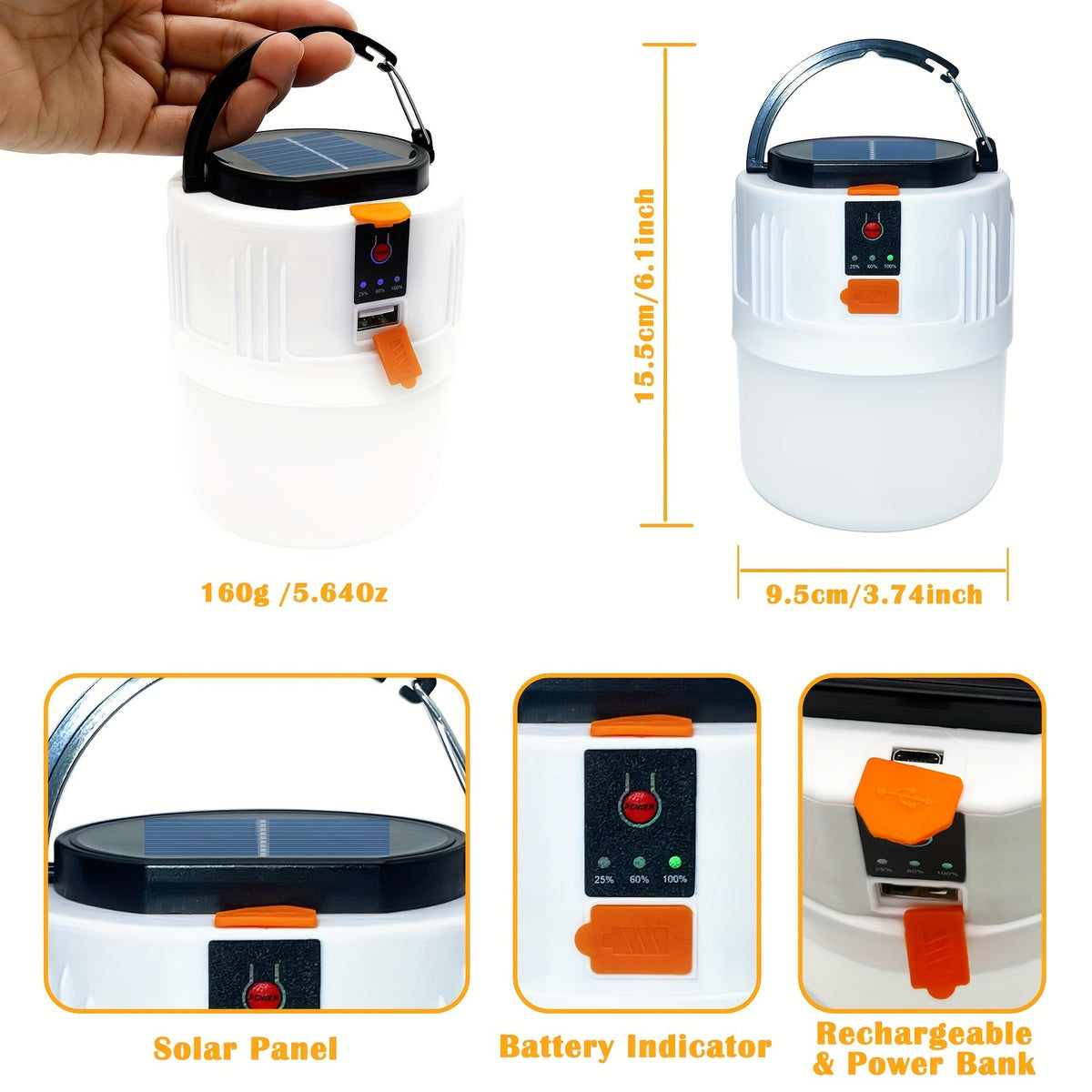 Rechargeable LED Camping Lantern with 3 Lighting Modes, Portable Solar Panel Charging