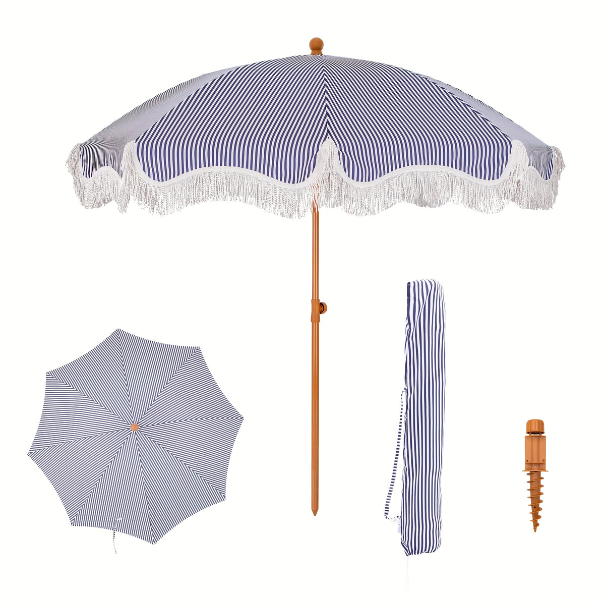 7ft UV 50+ Fringe Beach Umbrella - White Carry Bag Included