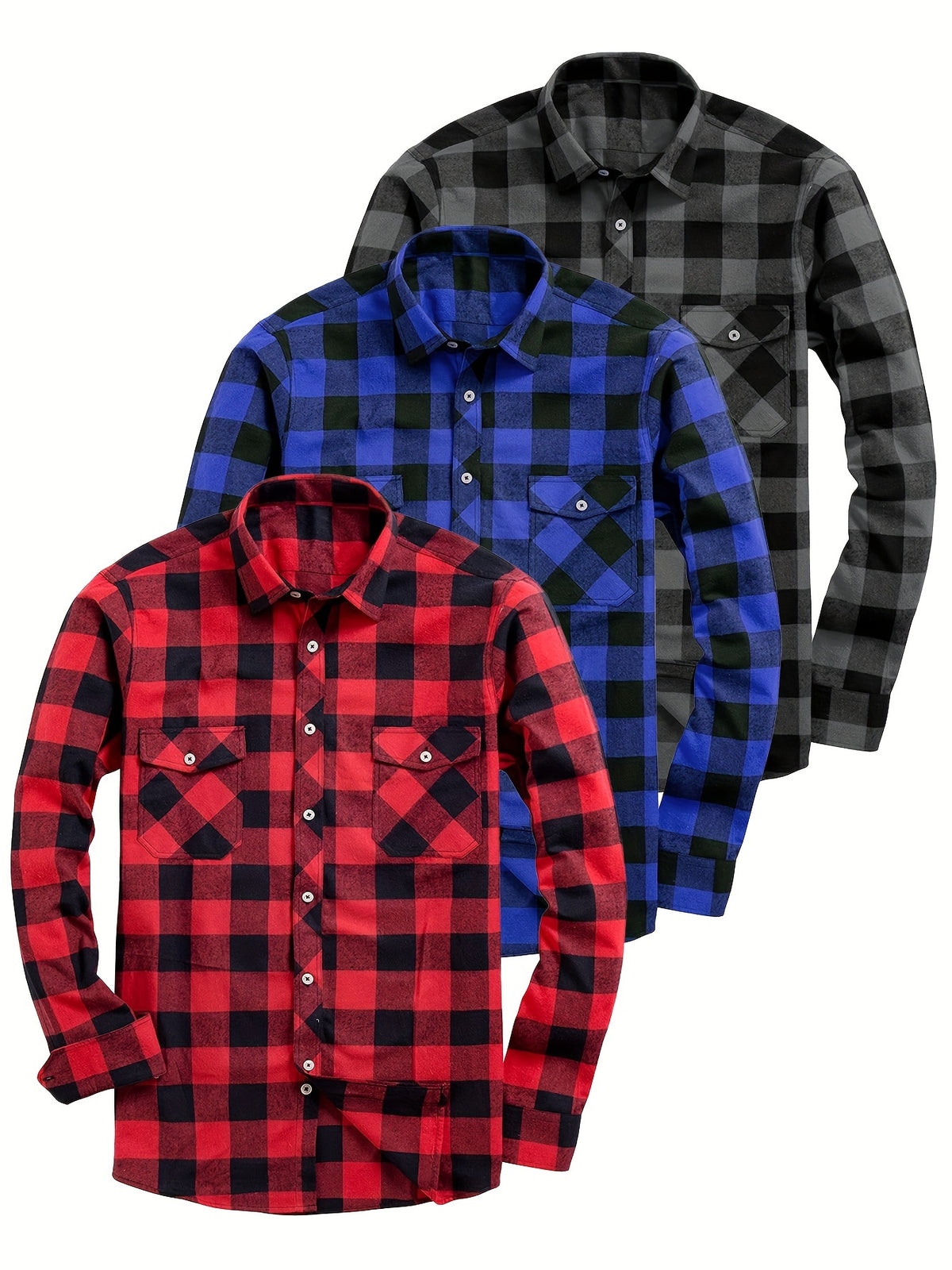 3pcs Stylish Plaid Pattern Long Sleeve Button Down Shirts