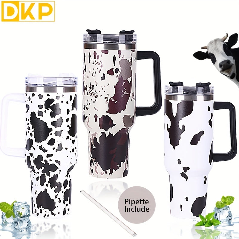 Insulated Cow Print Tumbler with Handle and Straw Lid - 40oz Capacity, 304 Stainless Steel