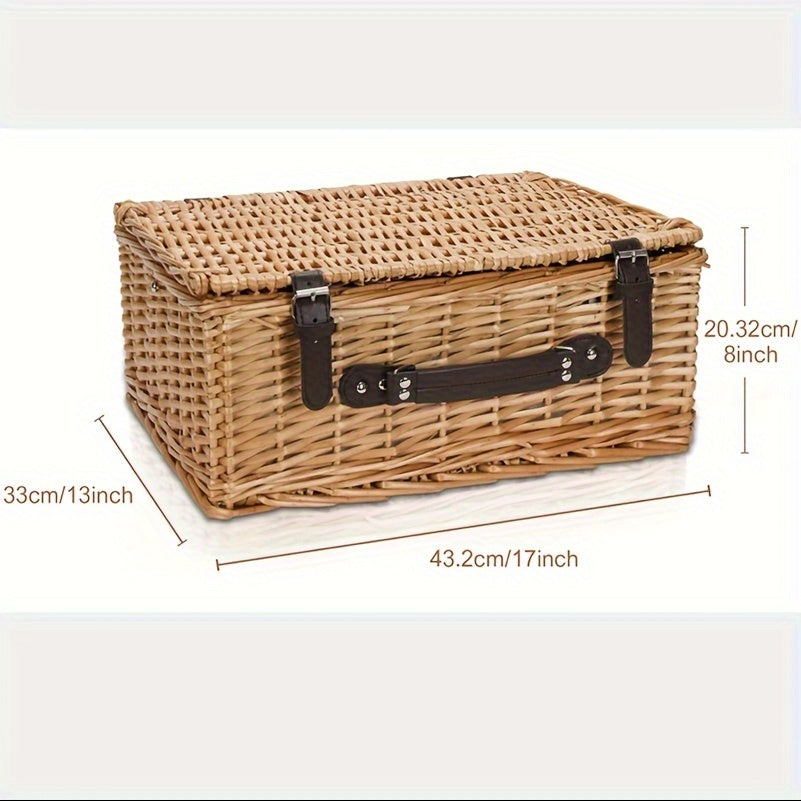 1 Set Picnic Basket With Cutlery For 4 Person, Large Willow Basket Set With Bottle Holder
