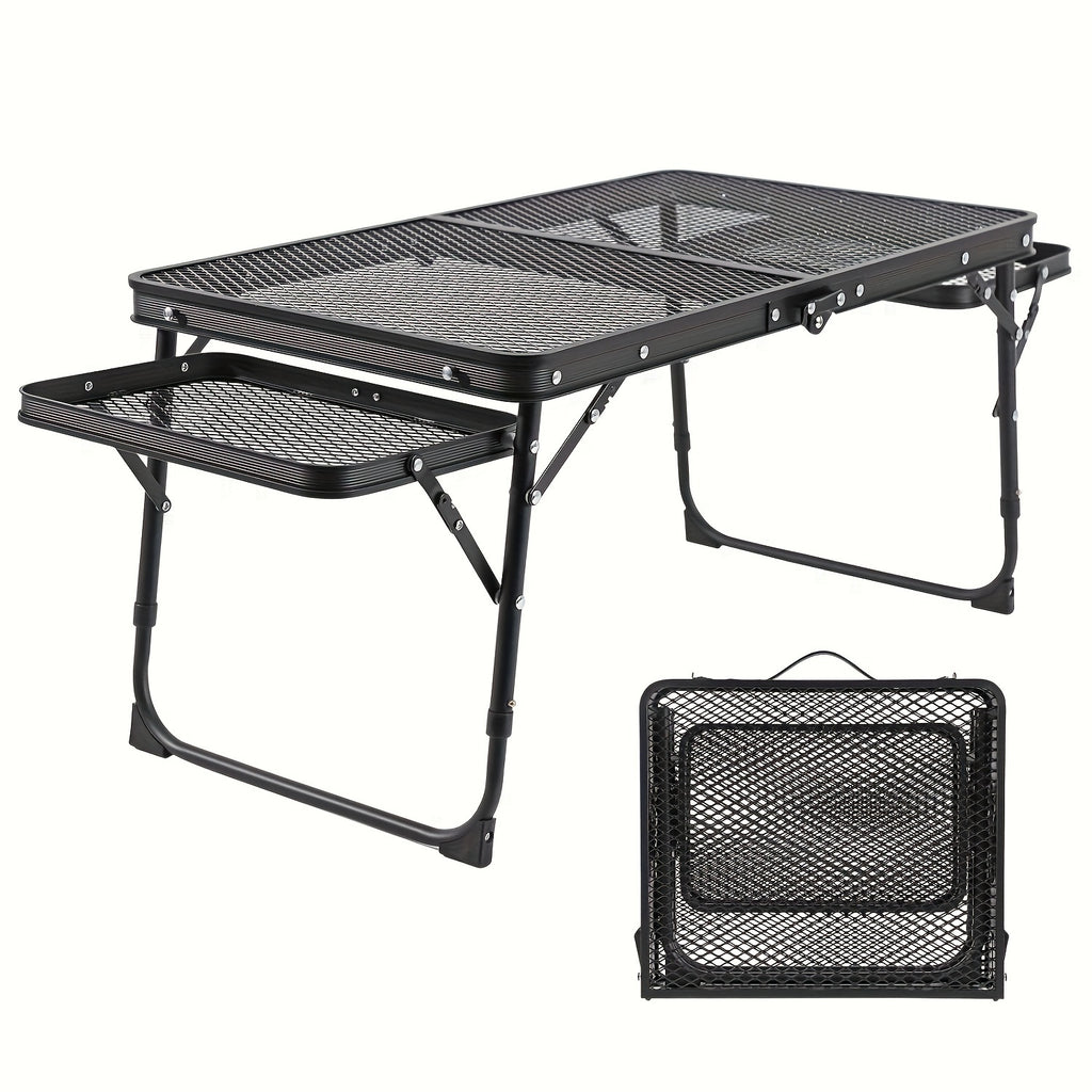 Portable Folding Table With 2 Wing Panels, Camping Table With Mesh Table Top