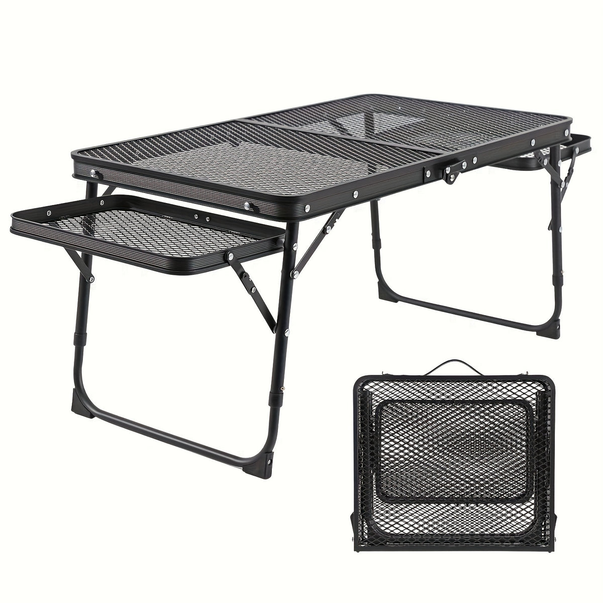 Portable Folding Table With 2 Wing Panels, Camping Table With Mesh Table Top