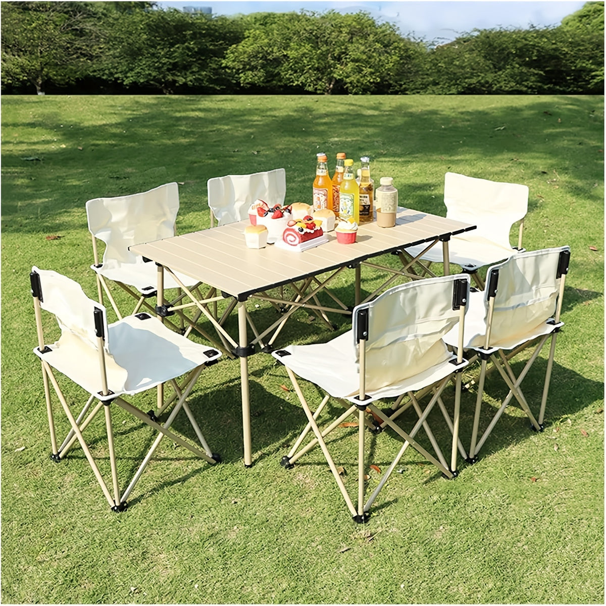 Khaki Camping Table Set 7 Pieces Dining Table Set With 6 Chairs