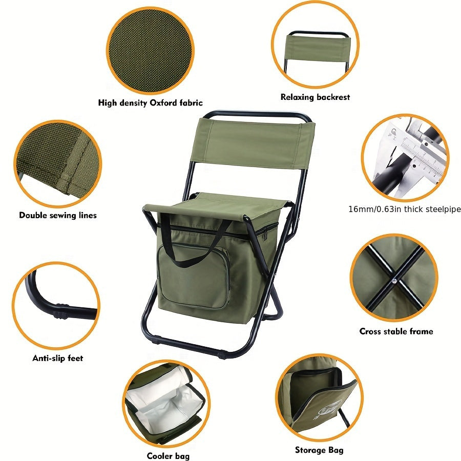 2pcs Small Folding Fishing Chair With Cooler Bag, Supports 220lbs (Green)