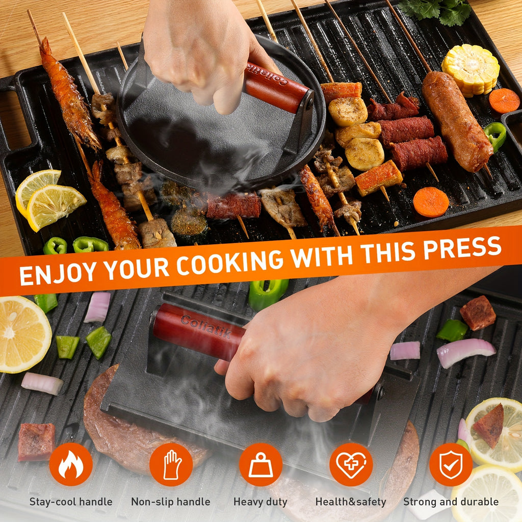 Heavy-Duty Cast Iron Burger Press Kit 7" Round & 8"X4"Rectangle Smash Presses