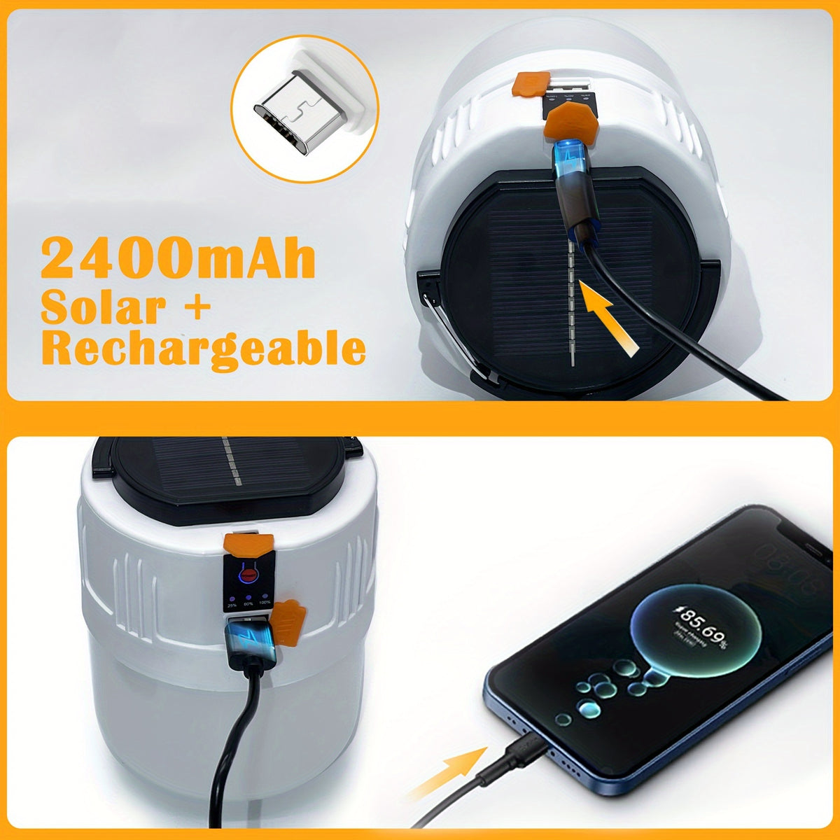 Rechargeable LED Camping Lantern with 3 Lighting Modes, Portable Solar Panel Charging