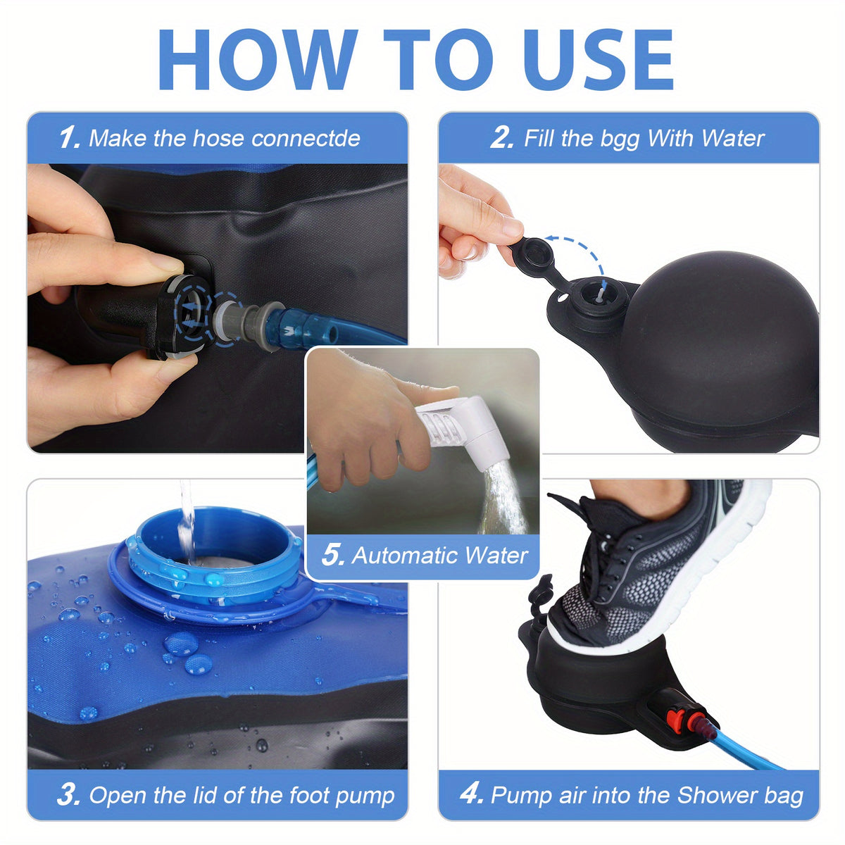 12/20L TPU Portable Camping Shower Bag-Easy Fill with Foot Pump