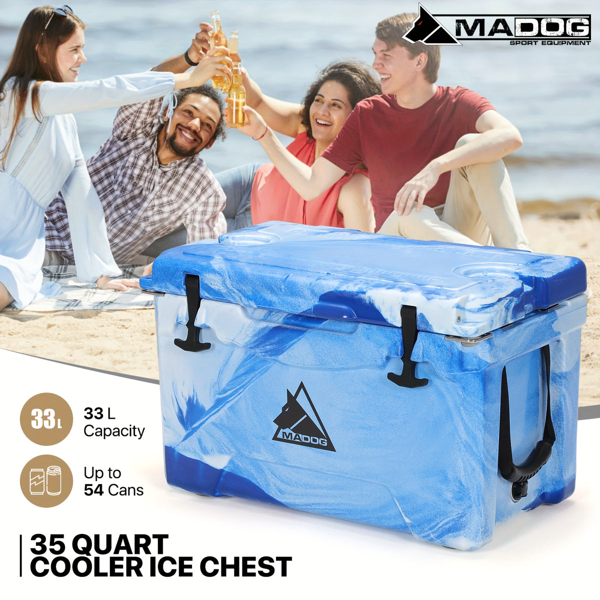 35 Quart Portable Insulated Ice Chest with Cup Holder, Holds Up to 54 Cans