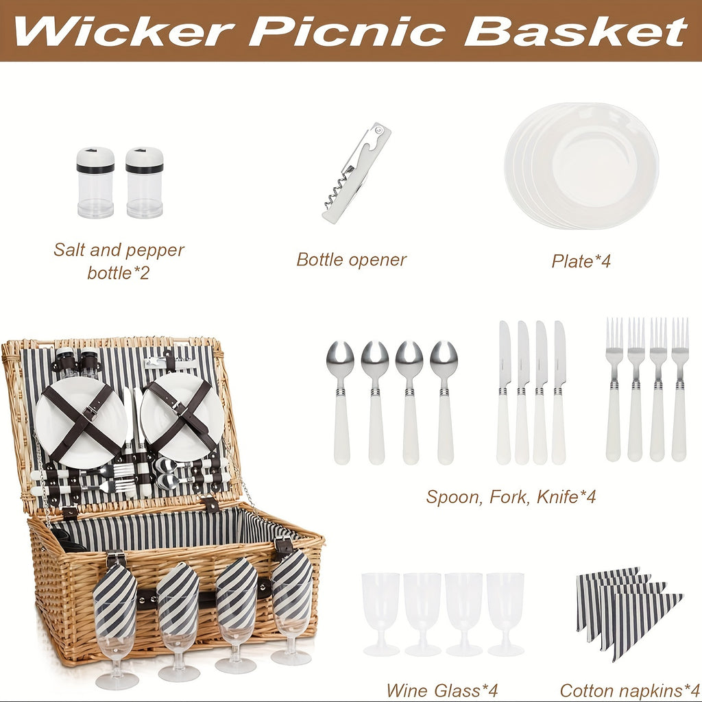 1 Set Picnic Basket With Cutlery For 4 Person, Large Willow Basket Set With Bottle Holder