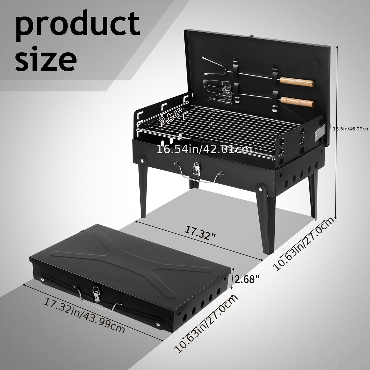 Compact Charcoal BBQ Grill 44x27x7cm - Easy Carry Design