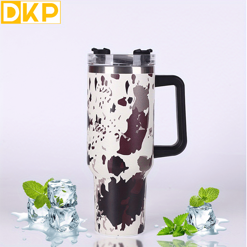 Insulated Cow Print Tumbler with Handle and Straw Lid - 40oz Capacity, 304 Stainless Steel