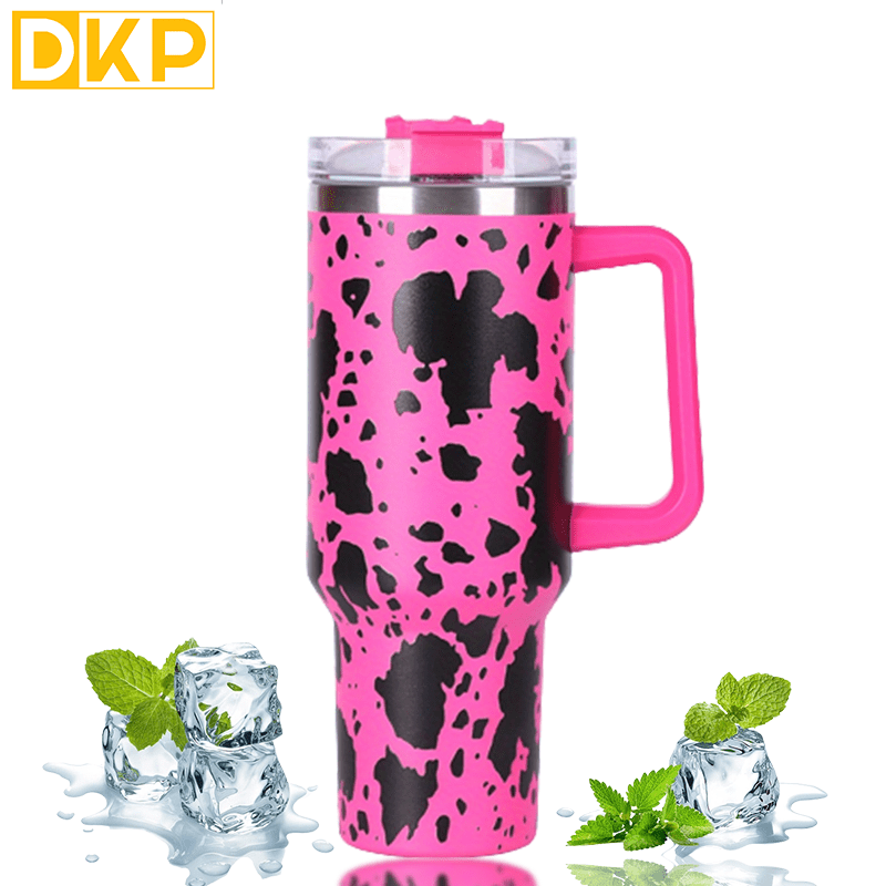 Insulated Cow Print Tumbler with Handle and Straw Lid - 40oz Capacity, 304 Stainless Steel