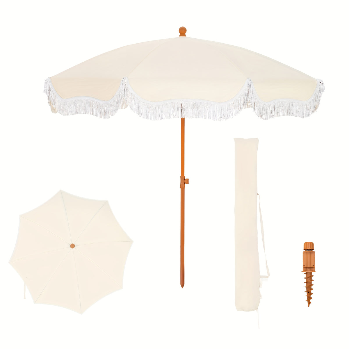 7ft UV 50+ Fringe Beach Umbrella - White Carry Bag Included