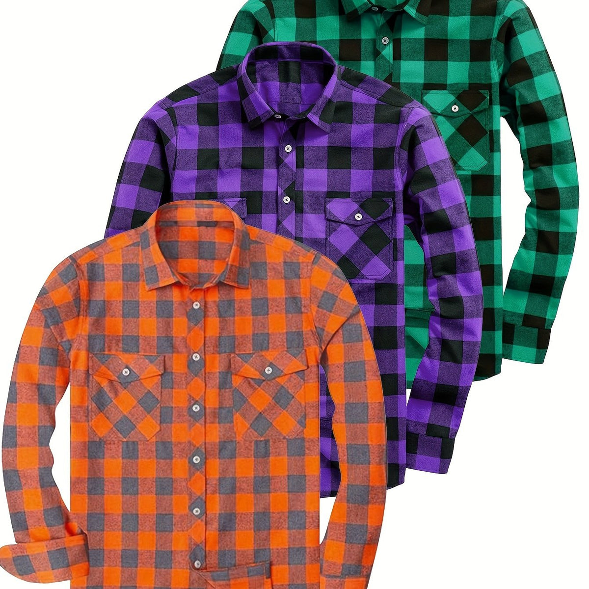 3pcs Stylish Plaid Pattern Long Sleeve Button Down Shirts