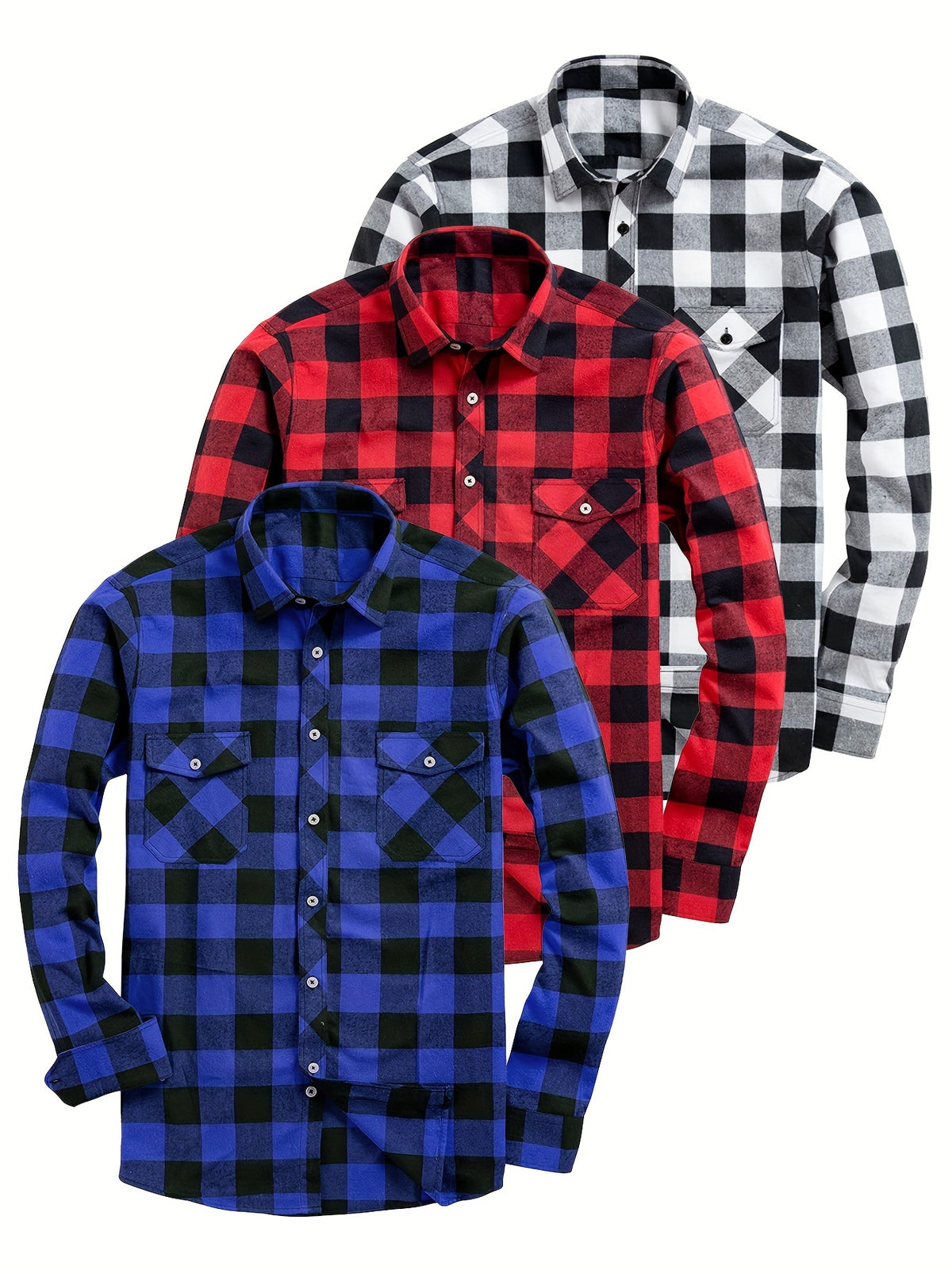 3pcs Stylish Plaid Pattern Long Sleeve Button Down Shirts