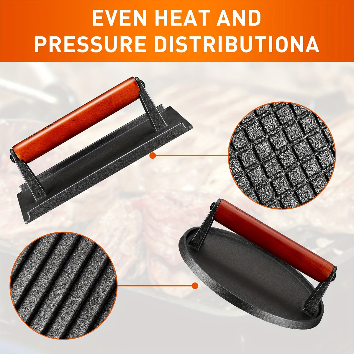 Heavy-Duty Cast Iron Burger Press Kit 7" Round & 8"X4"Rectangle Smash Presses