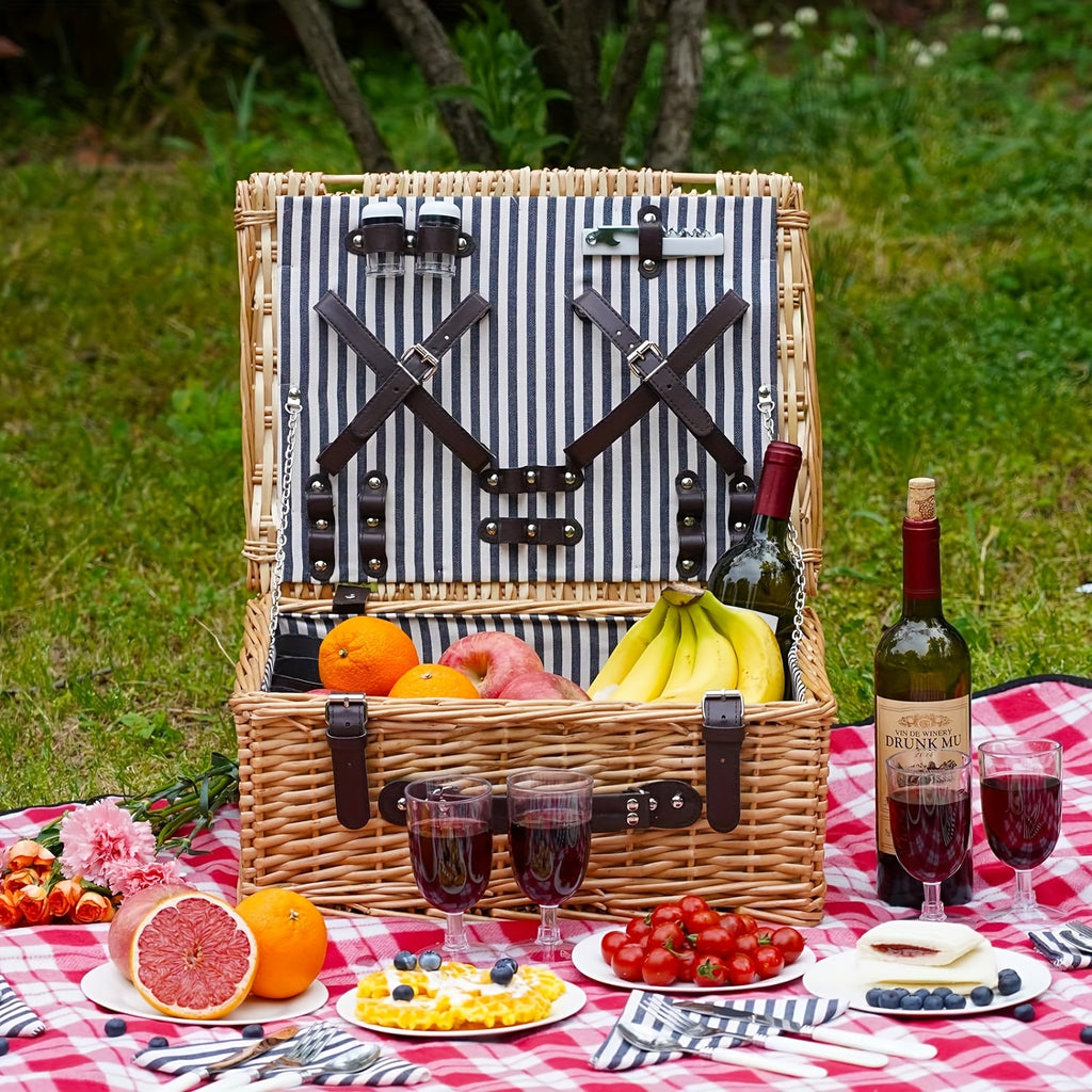 1 Set Picnic Basket With Cutlery For 4 Person, Large Willow Basket Set With Bottle Holder