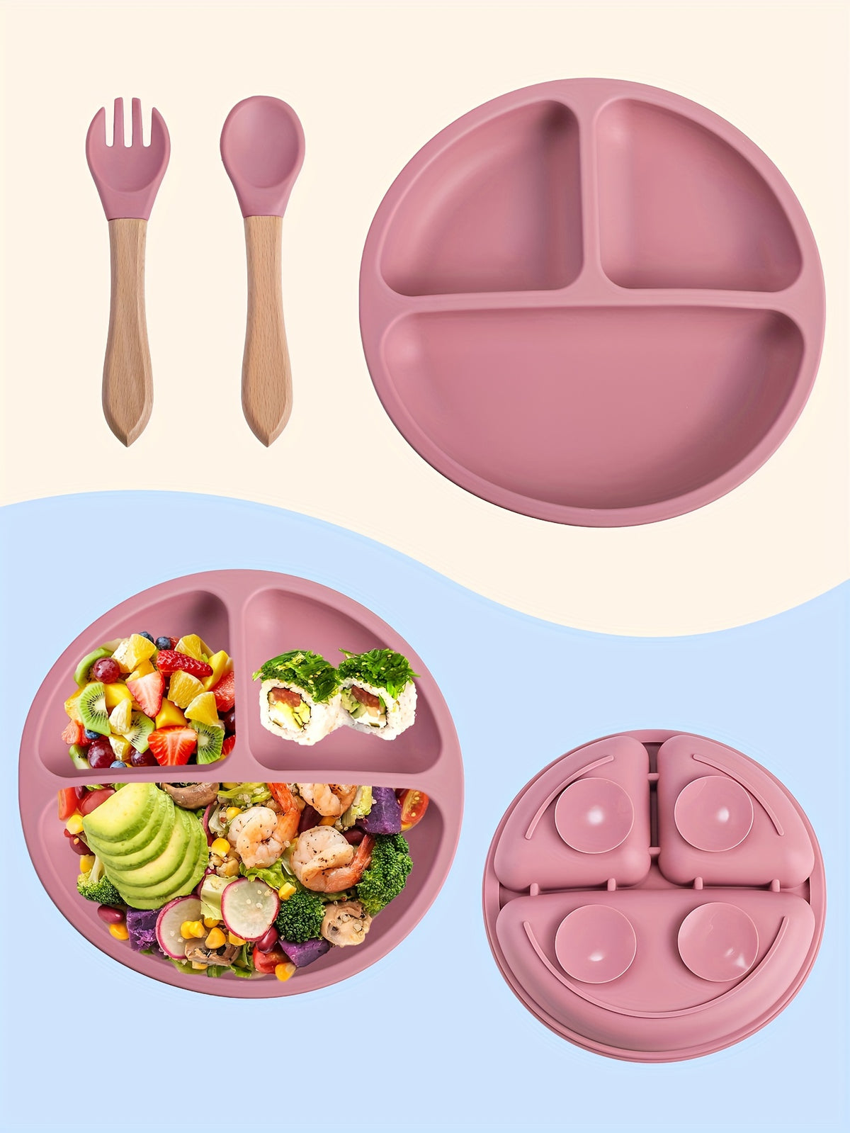 3pcs Baby Feeding Set Made of 100% Silicone, Featuring a Divided Suction Plate