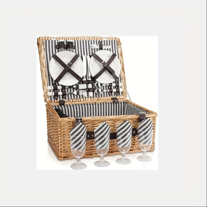 1 Set Picnic Basket With Cutlery For 4 Person, Large Willow Basket Set With Bottle Holder