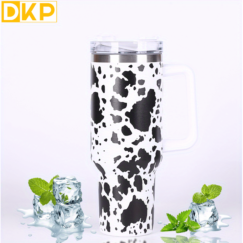 Insulated Cow Print Tumbler with Handle and Straw Lid - 40oz Capacity, 304 Stainless Steel