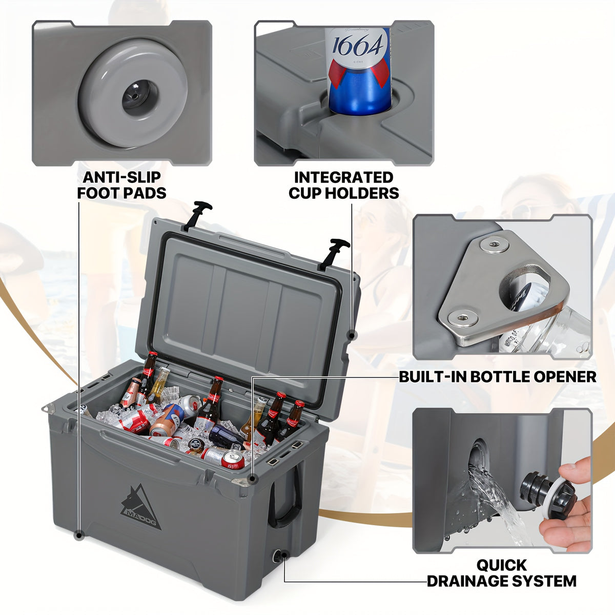 75 Quart Portable Insulated Hard Cooler with Cup Holder, 120 Can Capacity