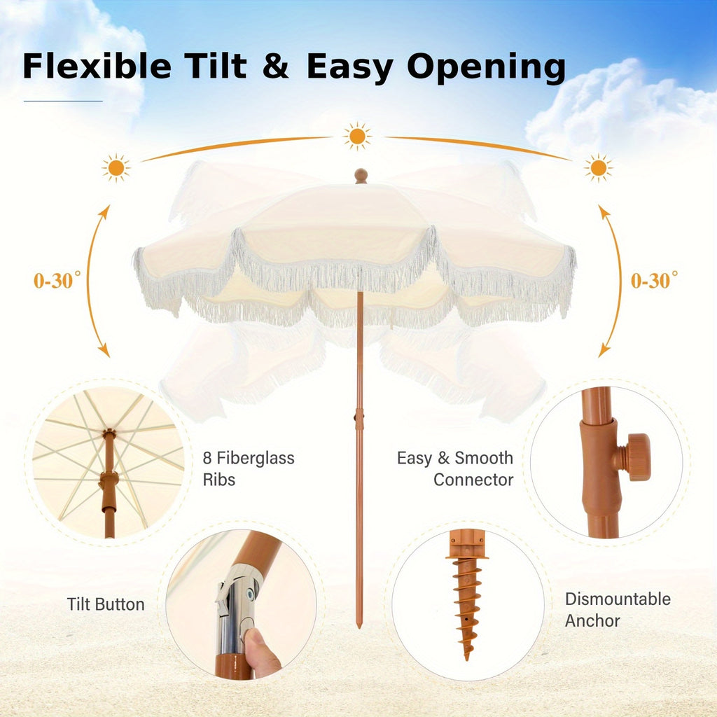7ft UV 50+ Fringe Beach Umbrella - White Carry Bag Included
