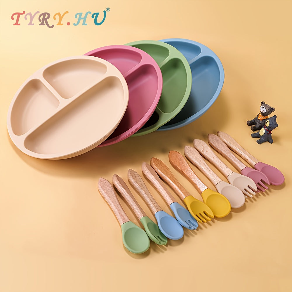 3pcs Baby Feeding Set Made of 100% Silicone, Featuring a Divided Suction Plate