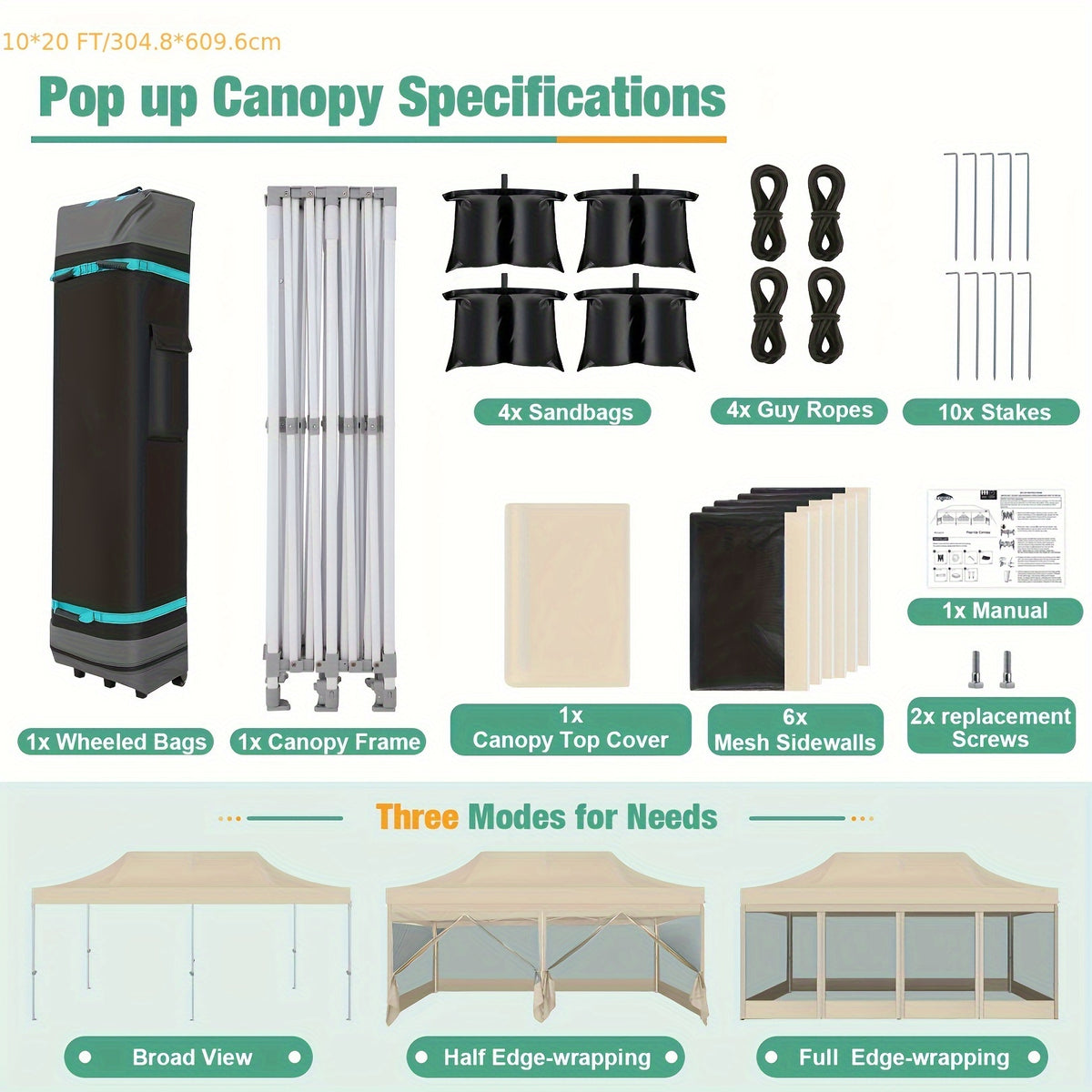 10x20ft Outdoor Canopy Tent with Sidewalls, Waterproof Canopy, Carry Bag with Wheels
