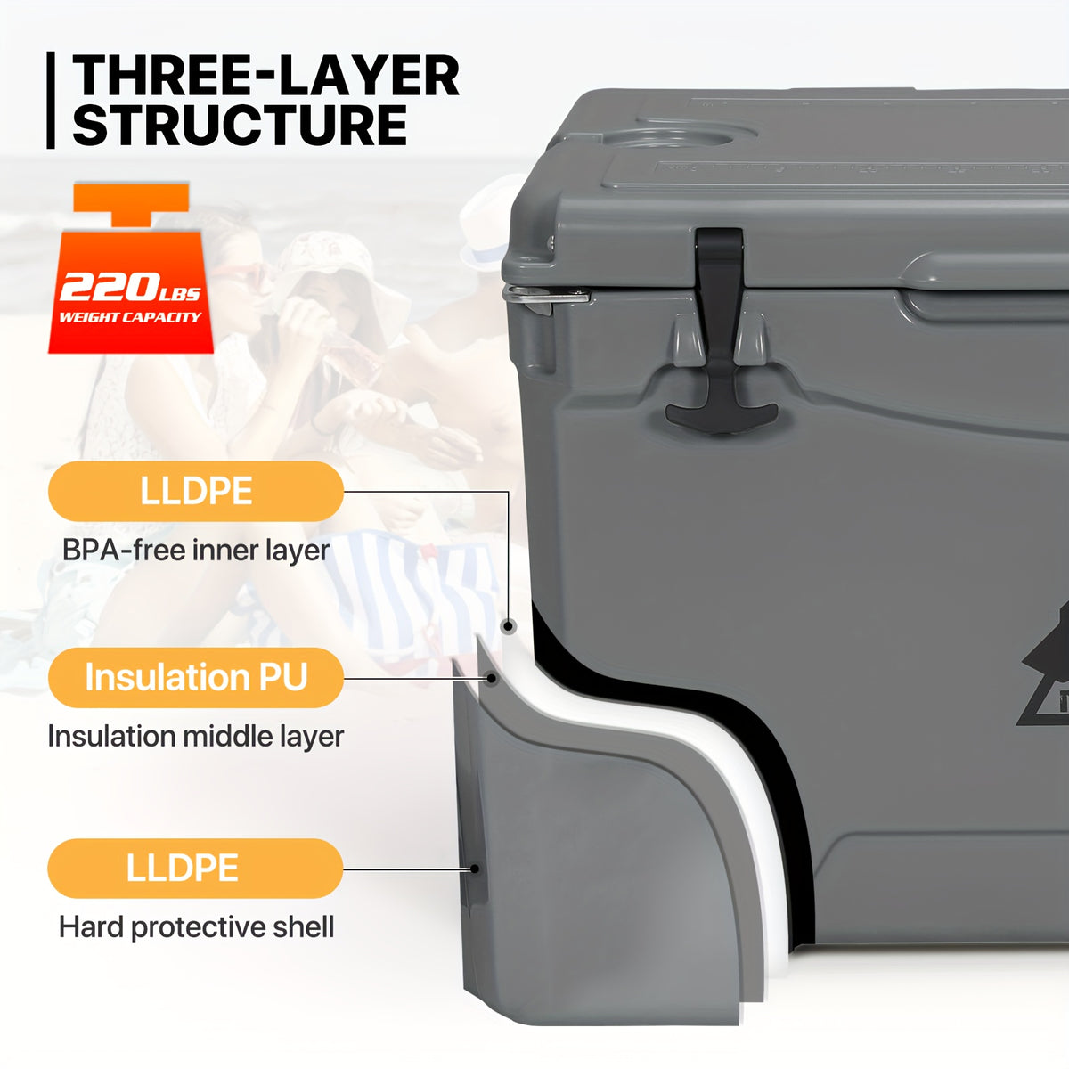 75 Quart Portable Insulated Hard Cooler with Cup Holder, 120 Can Capacity