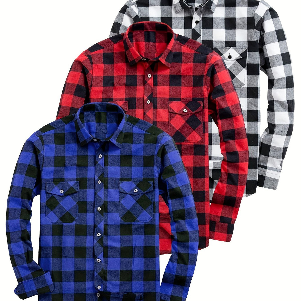 3pcs Stylish Plaid Pattern Long Sleeve Button Down Shirts